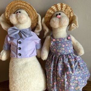 Handmade VtgCream Plush Bunny’s with Handmade Outfits and Straw Hats for Easter